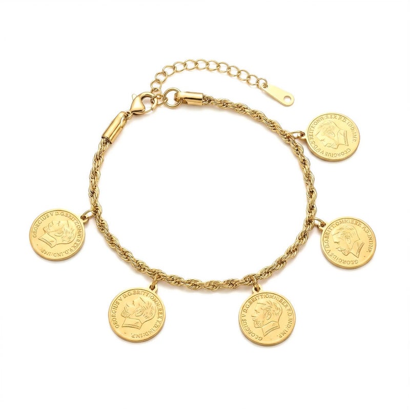 انسيال ذهبي مصنوع من الستانلس ستيل المقاوم للصدأ، يتميز بتصميم السلسلة المجدولة المزدانة بخمس عملات كلاسيكية لمظهر فخم، مع قفل قابل للتعديل ليناسبكِ. - Image 1